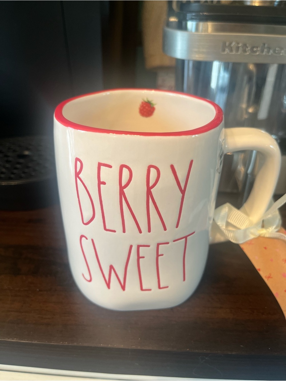 Rae Dunn Mug “Berry Sweet” Double sided with red trim and cute raspberries